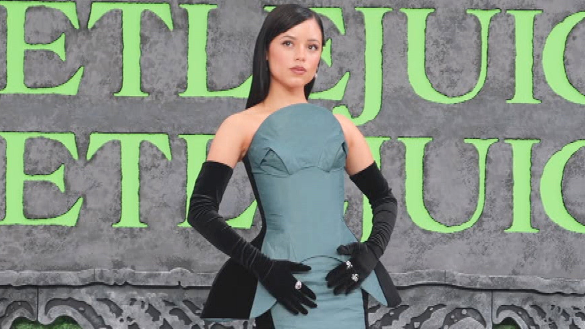 Jenna Ortega Sports Dress Made of Paper at Beetlejuice Beetlejuice UK Premiere